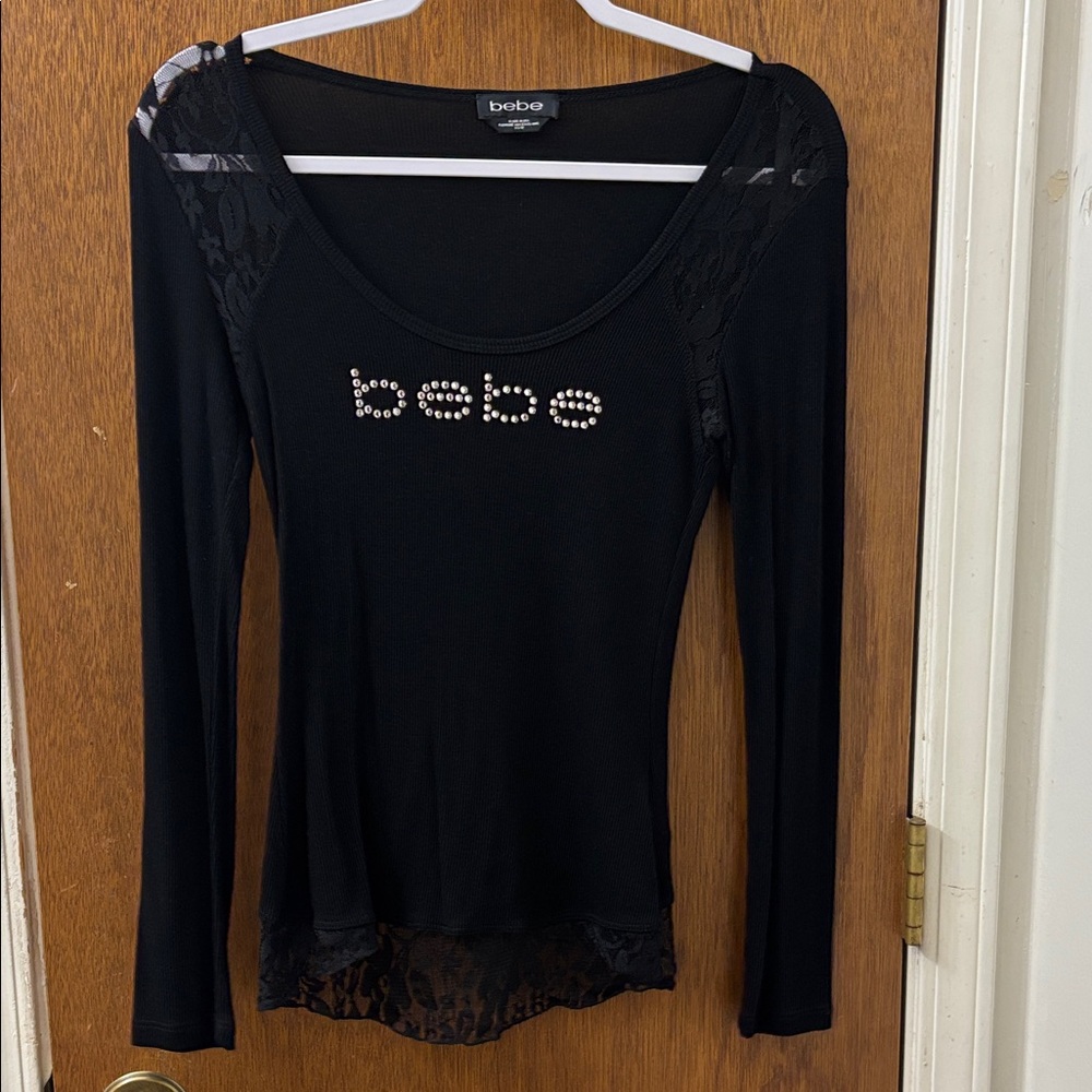 Bebe Black Rhinestone Logo Long Sleeve Top